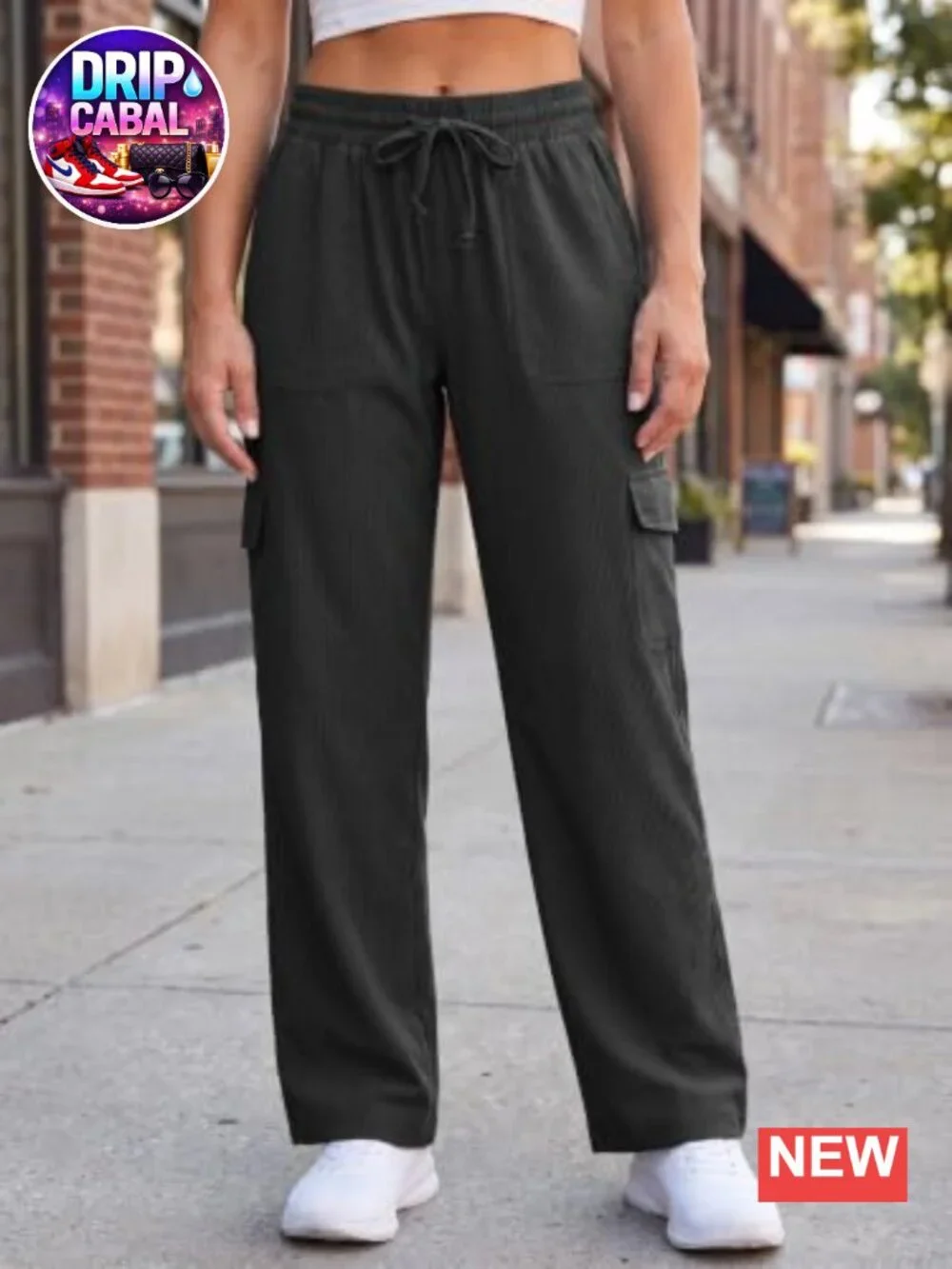 Womens High Waist Wide Leg Cargo Pants with Pockets Drawstring